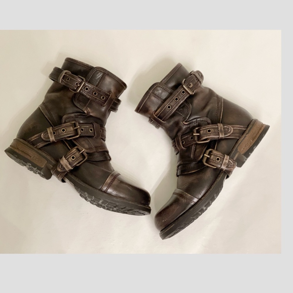 UGG Collection Made in Italy Elisabeta Distress Biker Moto Boots 6.5 Brown